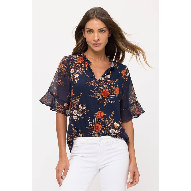 Sheer Ruffled Sleeved Floral Print Blouse