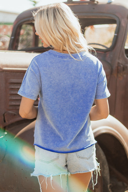 Sky Blue USA Patch Mineral Wash Notch V Neck Vintage Top