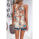 Floral Print Lace Trim Boho Sleeveless Blouse