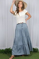 Tiered Fringe Hem Chambray Maxi Skirt