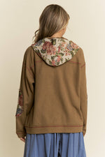 Waffle Knit Hoodie with Floral Patchwork