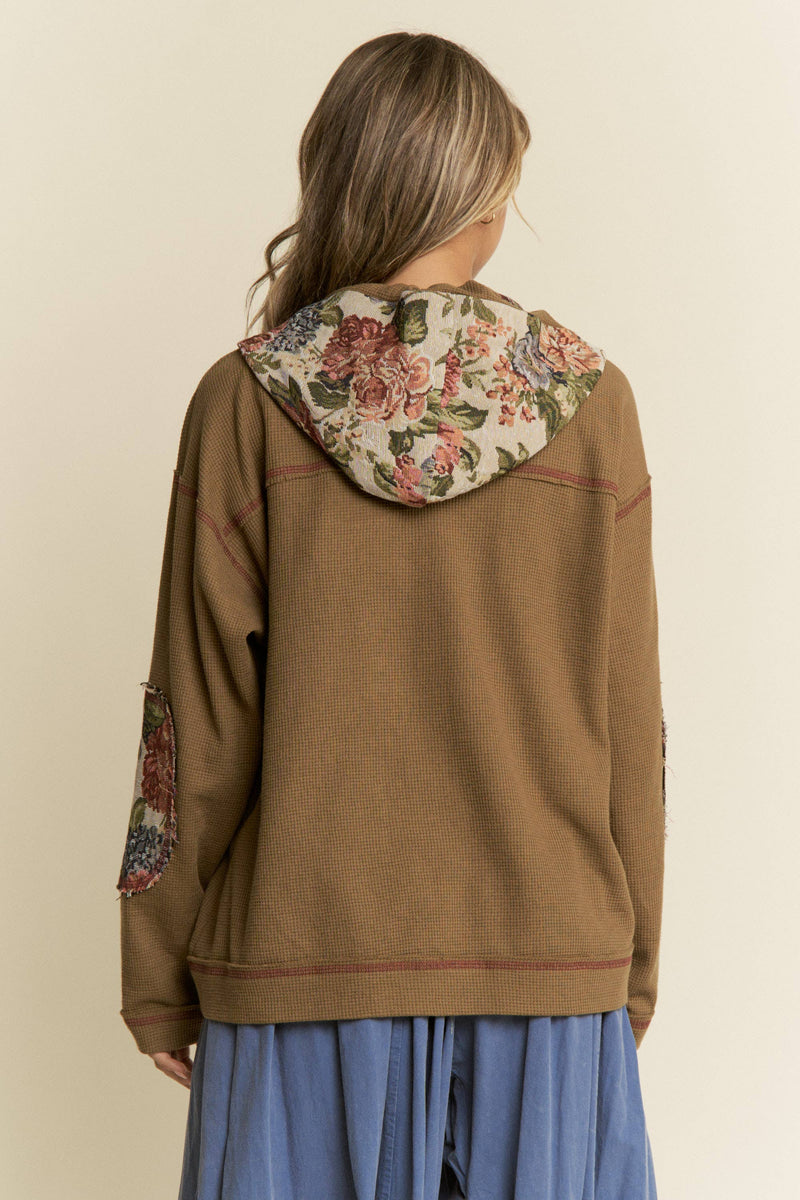 Waffle Knit Hoodie with Floral Patchwork