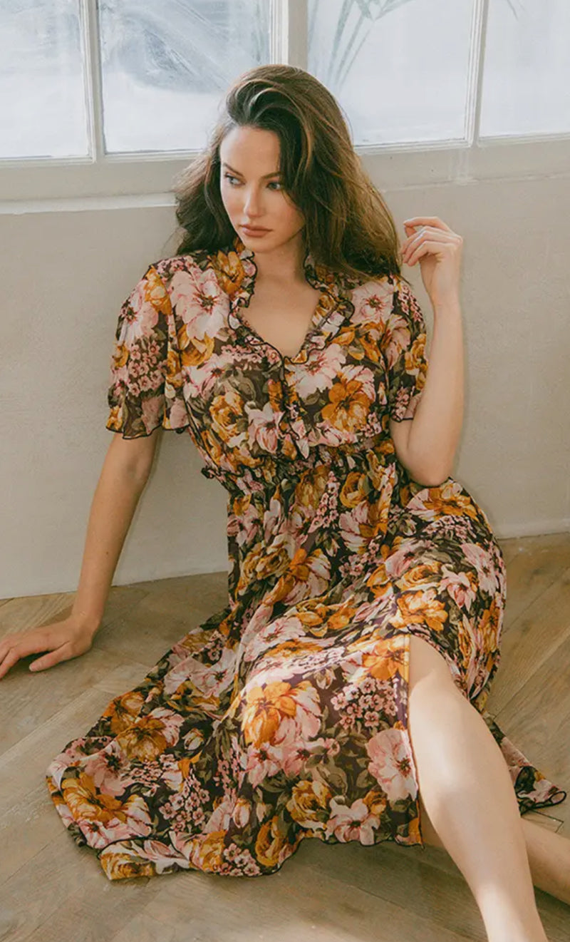 Plum Accent Floral Midi Dress