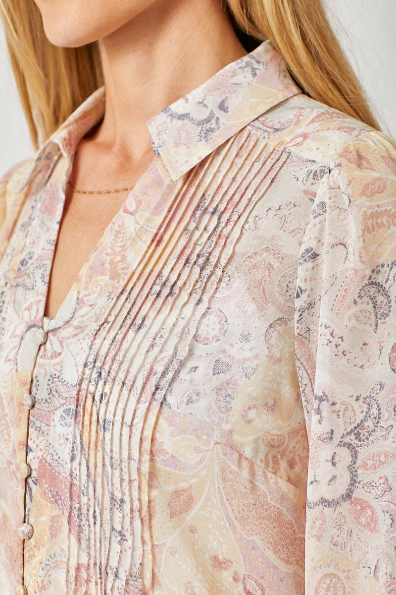 Sand Mix Pintuck Print Blouse