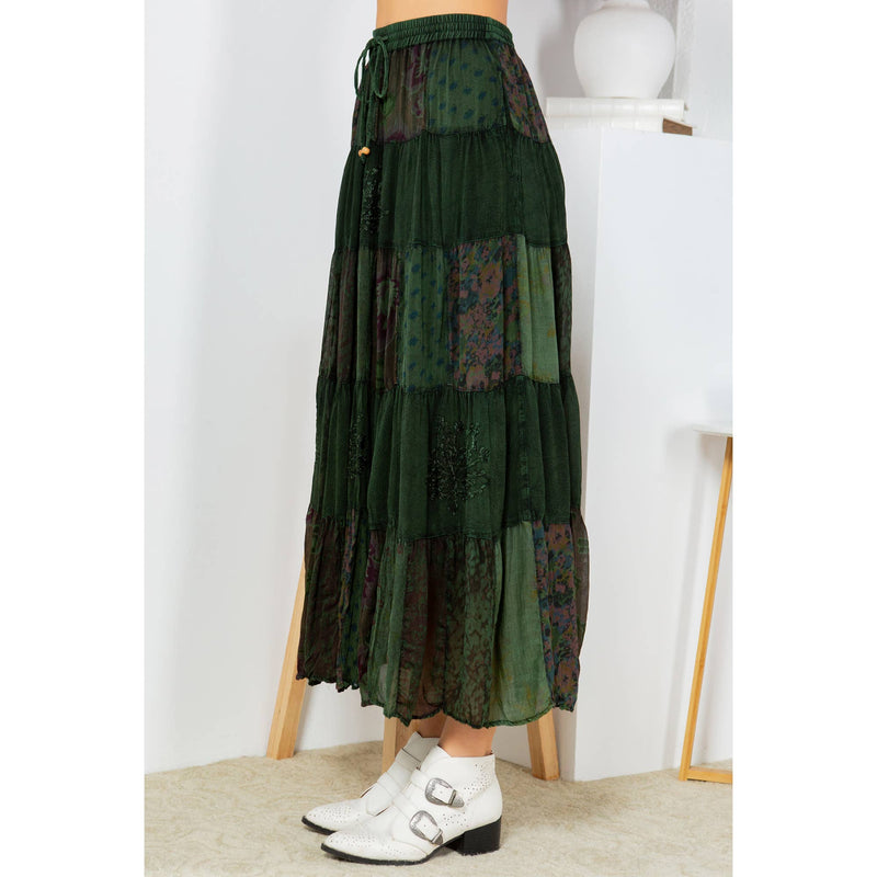 Deep Green Printed Georgette Patchwork Skirt