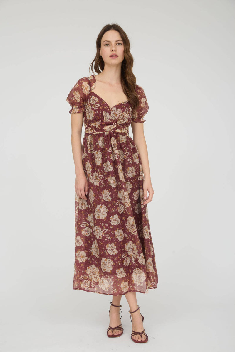 Chocolate Floral Sweetheart Neckline Dress