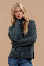 Wool Blend Textured Turtleneck Sweater in Charcoal and Dark Hunter