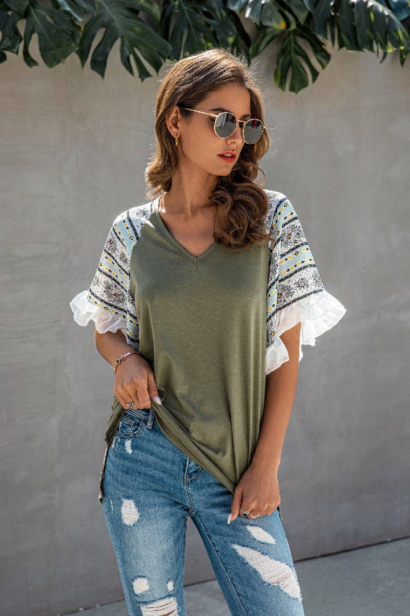Deco Ruffle Sleeve V-Neck Top
