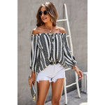 Printed Off Shoulder Frilled Tie Lantern Sleeve Top