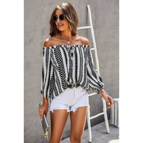 Printed Off Shoulder Frilled Tie Lantern Sleeve Top