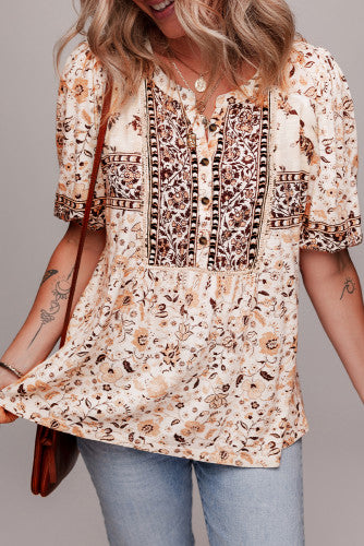 Khaki Boho Floral Print Half Placket Blouse