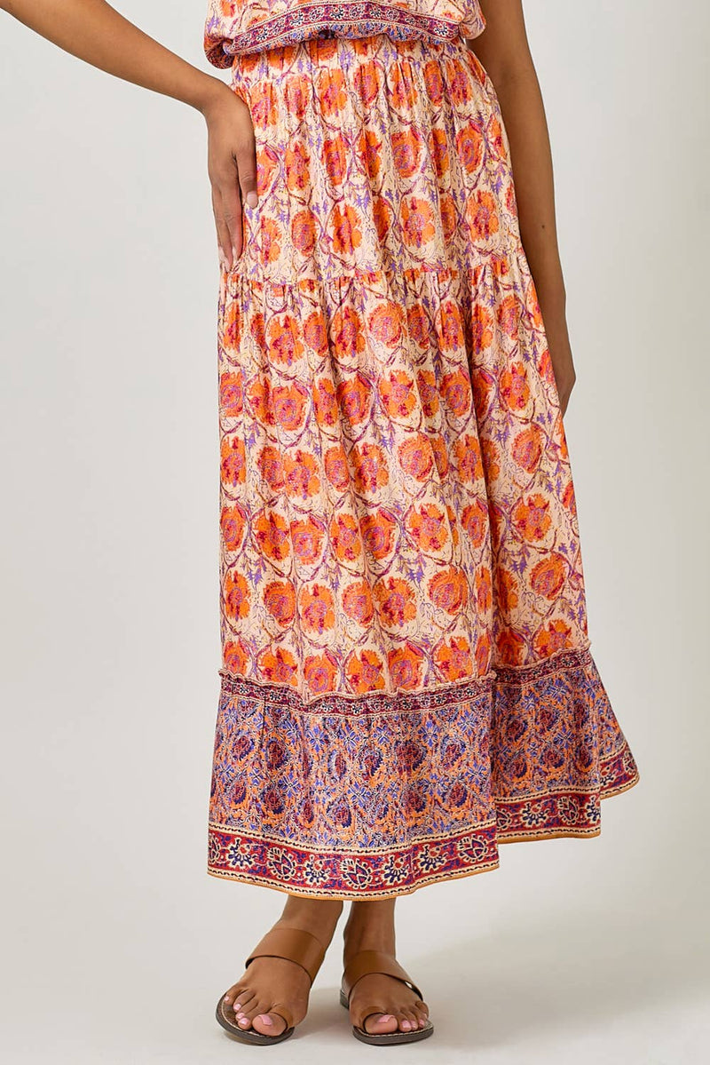 Border Print Tiered Long Skirt