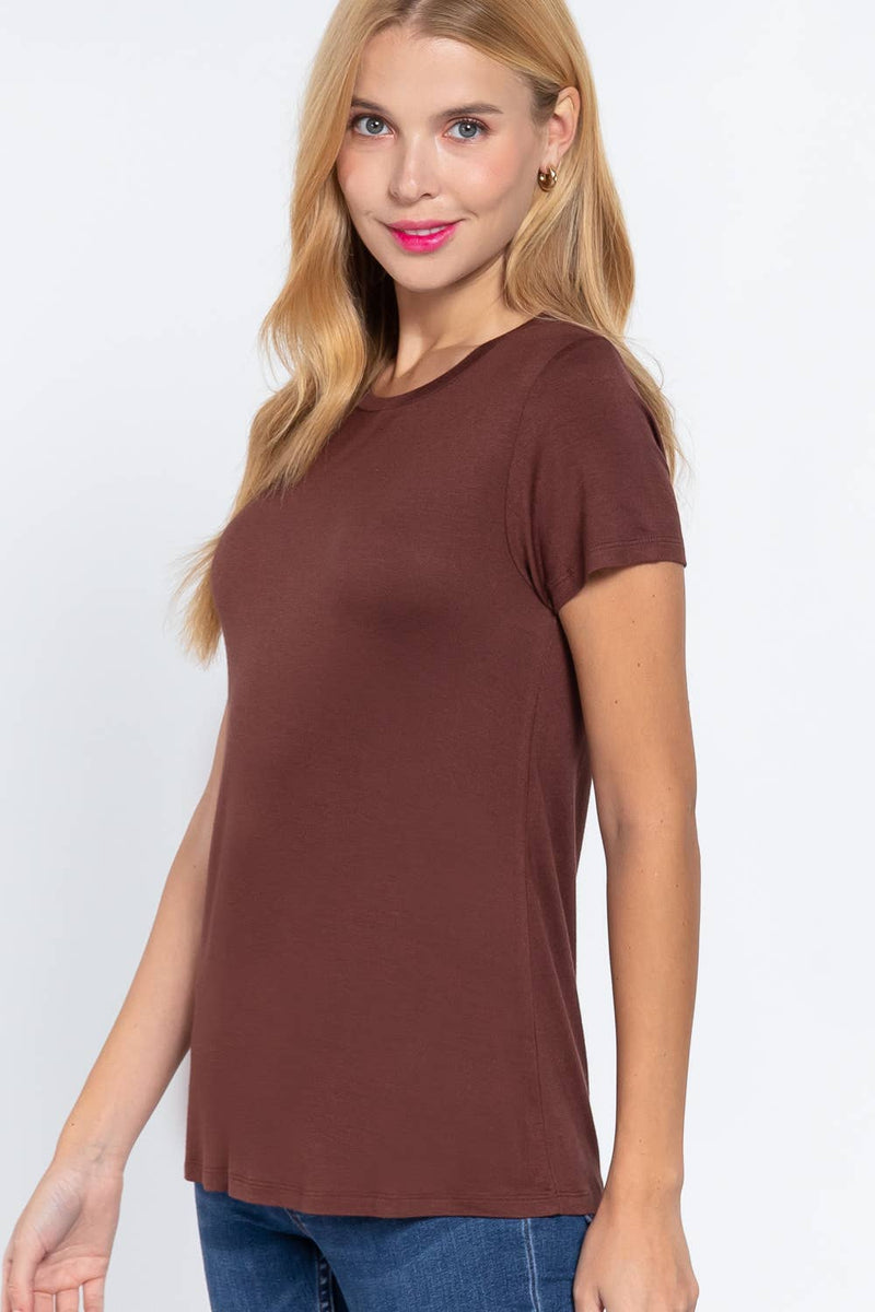Crew Neck Rayon Spandex Tee in Dark Brown, Light Brown, and Black