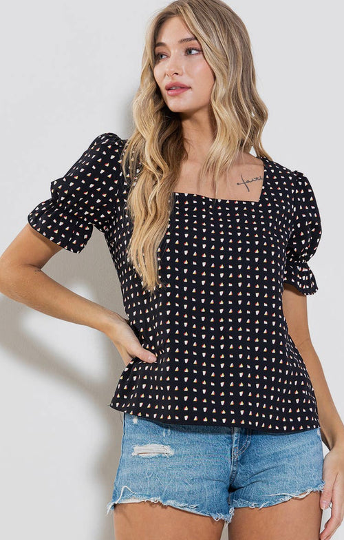 Square Neck Satiny Print Puff-Sleeved Blouse