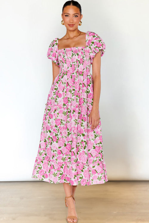 Pink Print Smocked Dress