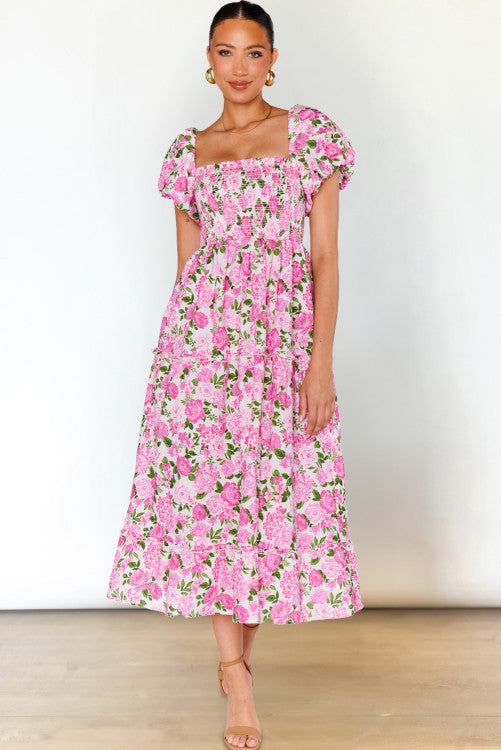 Pink Print Smocked Dress
