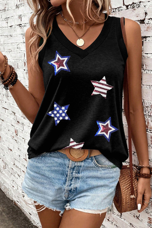 Black Sequined American Flag Patch Exposed Seam Tank Top