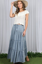 Tiered Fringe Hem Chambray Maxi Skirt