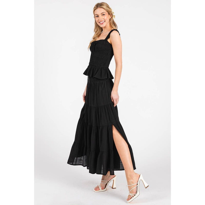 Tiered Flowing Black Skirt with Side Slit
