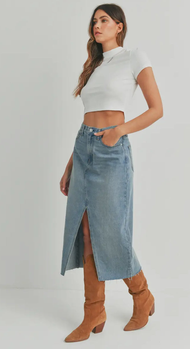 Long High Waist Slit Hem Jean Skirt