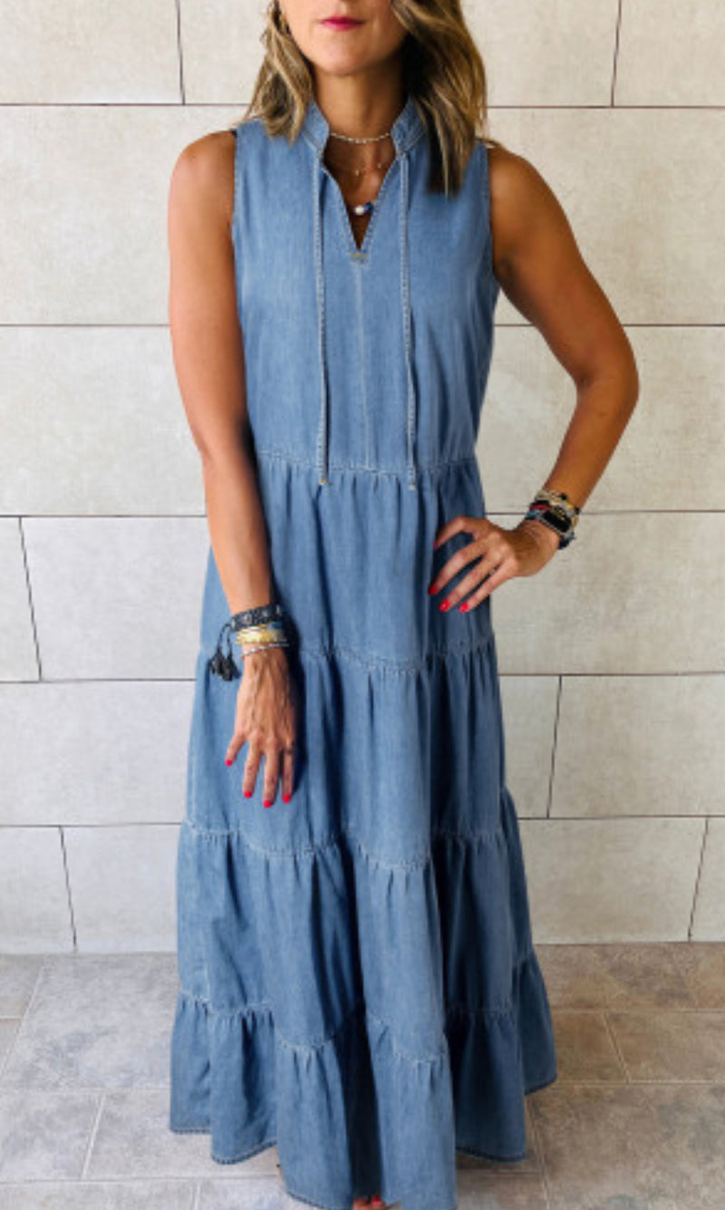Chambray Tiered Sleeveless Dress