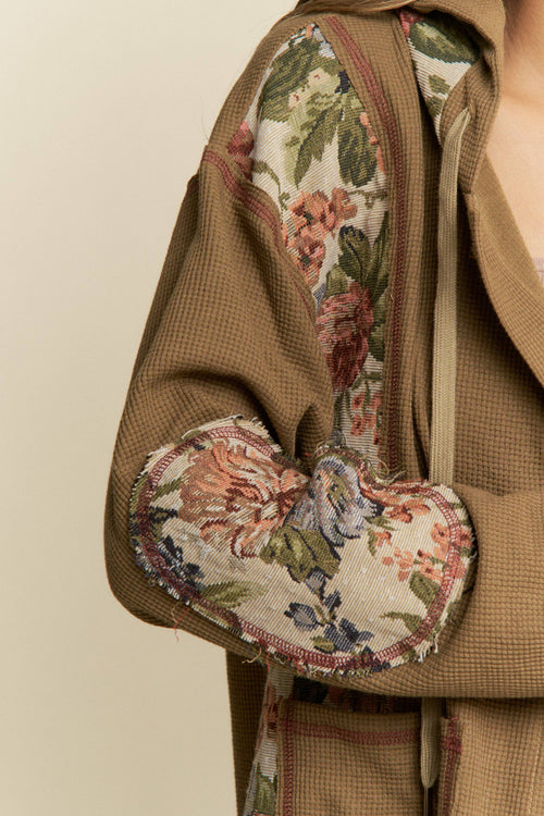 Waffle Knit Hoodie with Floral Patchwork