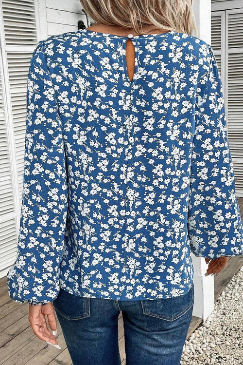 Blue Floral Print Lantern Sleeve Blouse