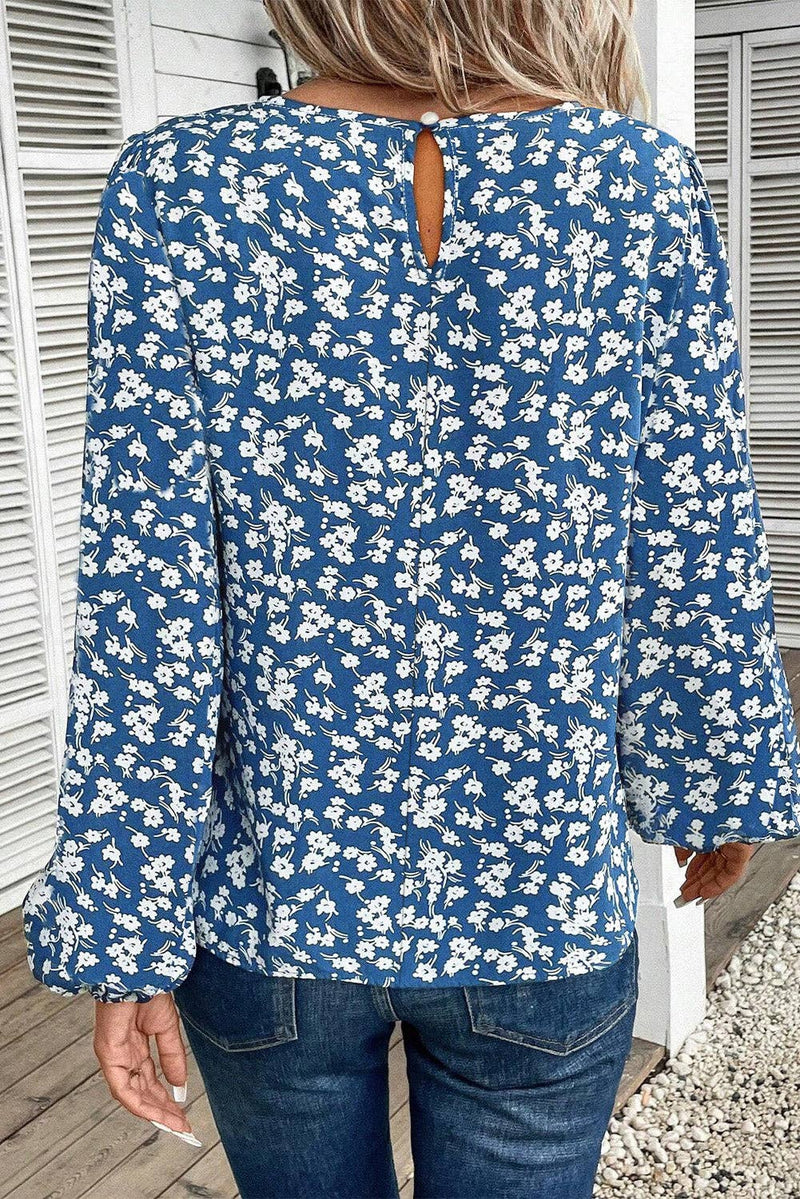 Blue Floral Print Lantern Sleeve Blouse