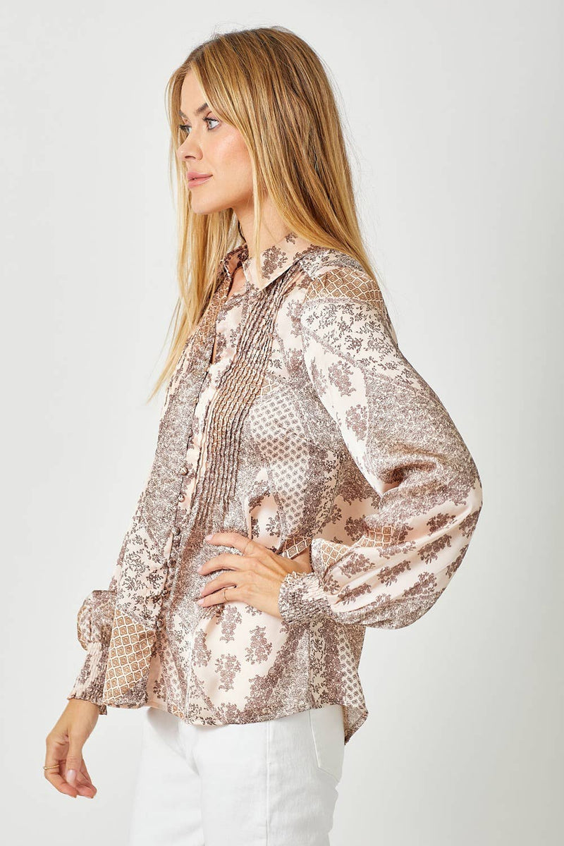 Sand Mix Pintuck Print Blouse
