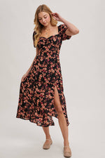 Floral Print Sweetheart Neckline Midi Dress