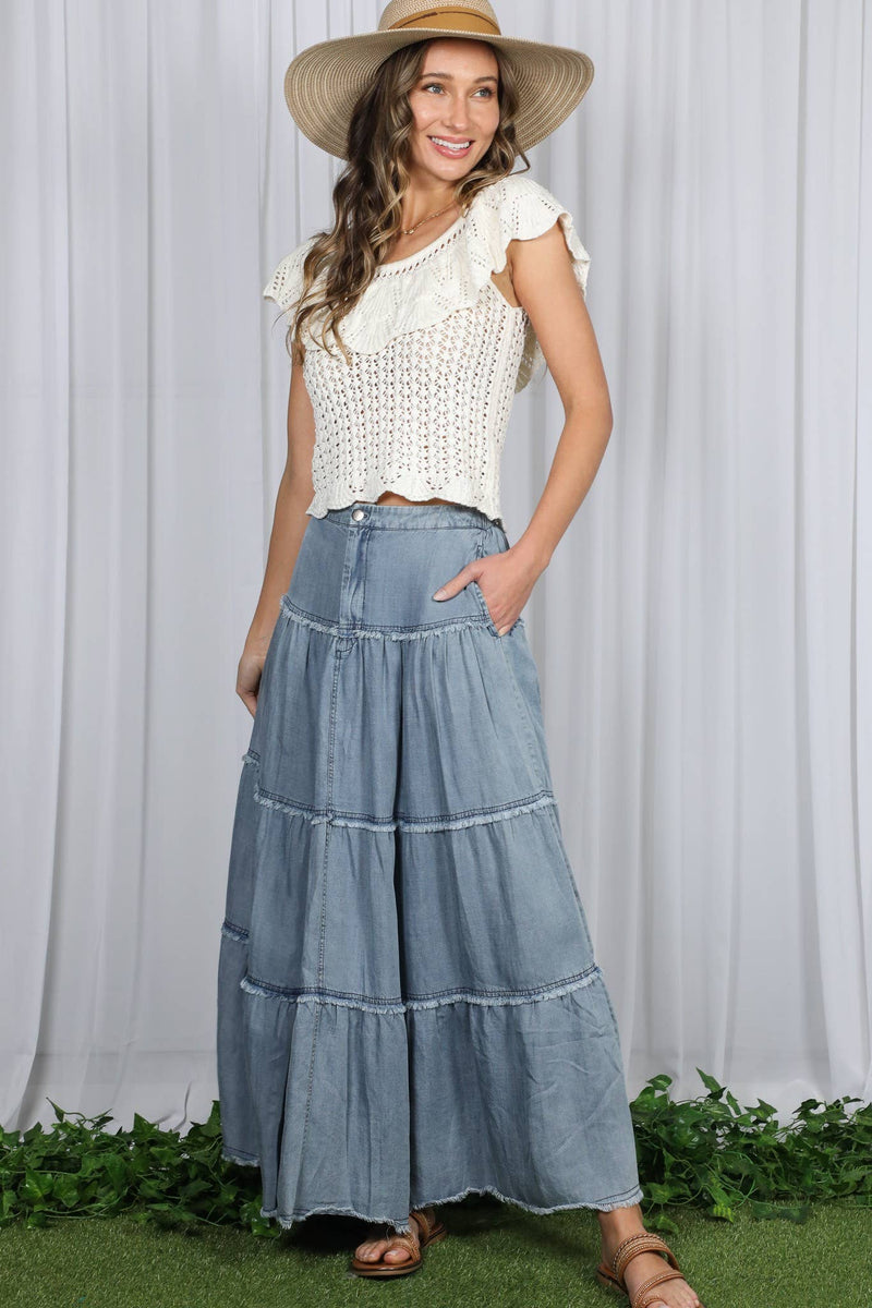 Tiered Fringe Hem Chambray Maxi Skirt