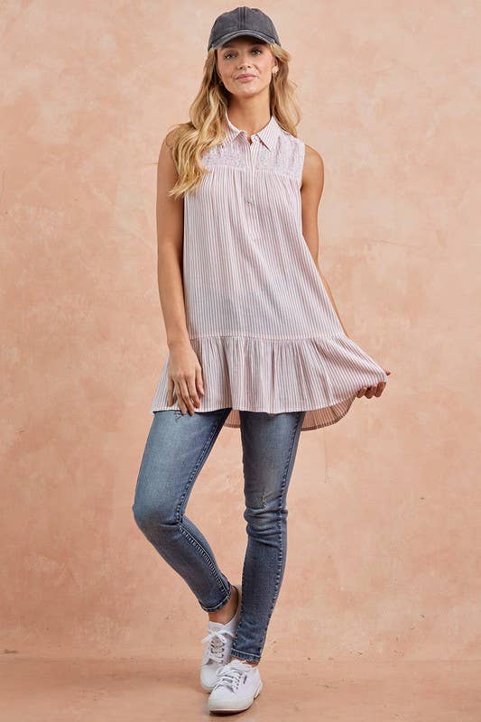 Button Front-Ruffled Hem Top