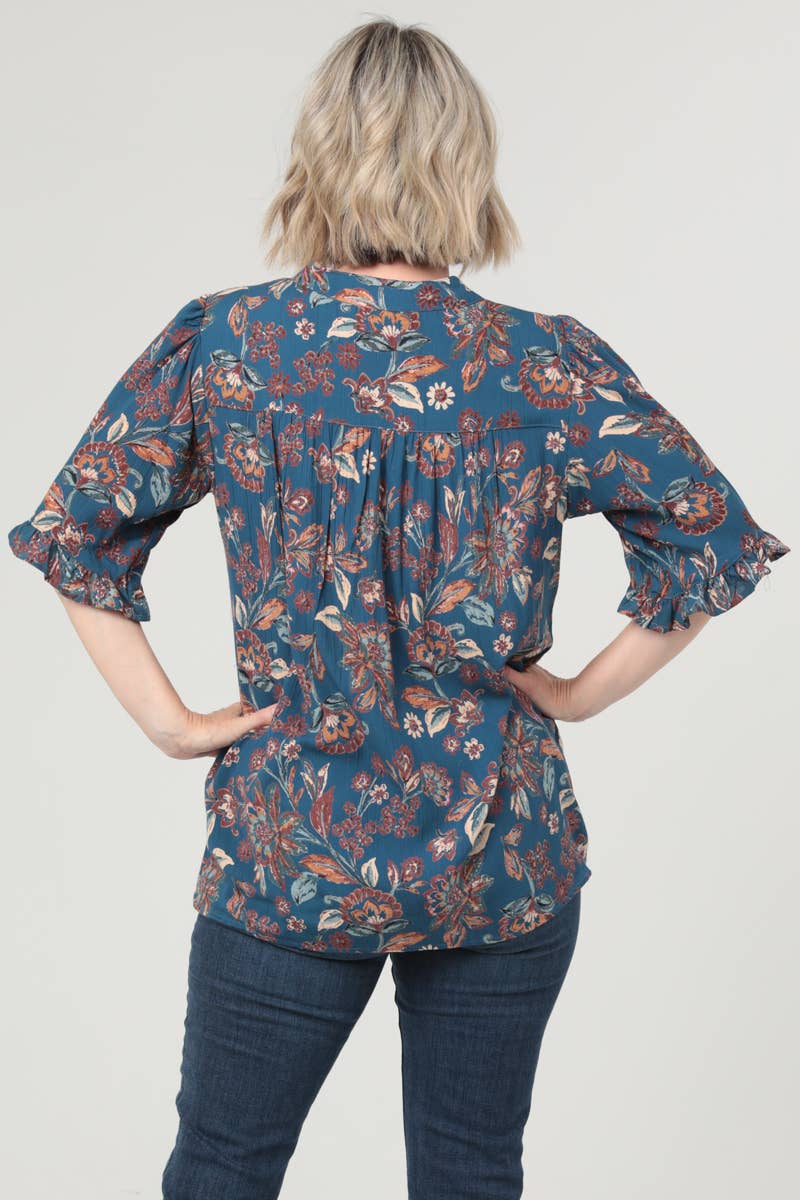 V-Neck Printed Blue Boho Blouse