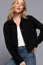 Long Sleeve Front Pocket Button Down Corduroy Crop Shirt