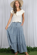 Tiered Fringe Hem Chambray Maxi Skirt