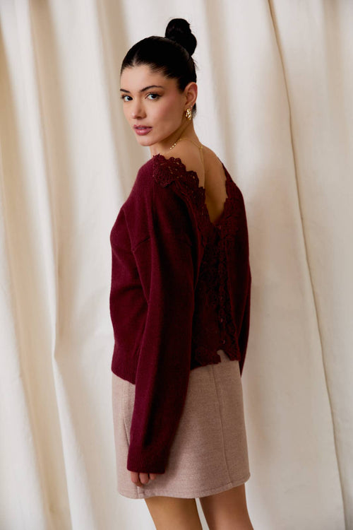 Back Lace Trim Wine Sweater