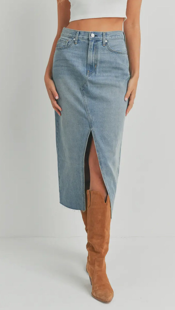 Long High Waist Slit Hem Jean Skirt