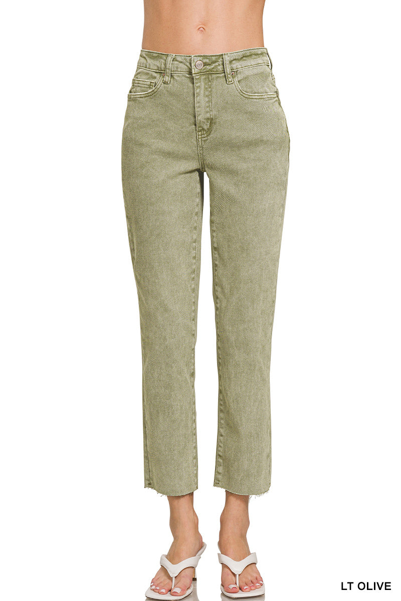 Olive Straight Acid-Washed Jeans