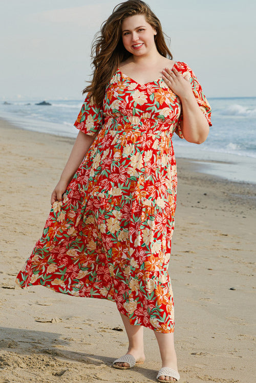 Orange Floral V Neck Flutter Sleeve Long Plus Size Dress