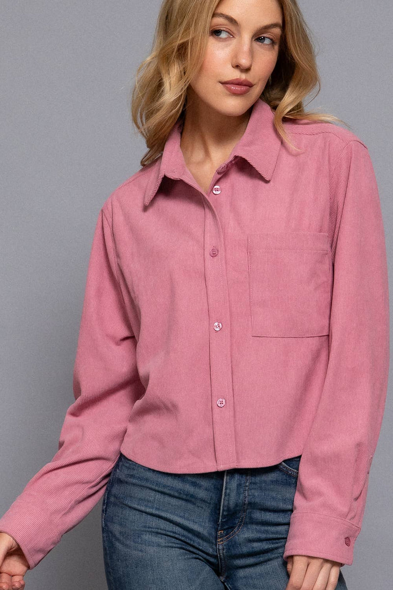 Long Sleeve Front Pocket Button Down Corduroy Crop Shirt