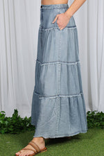 Tiered Fringe Hem Chambray Maxi Skirt