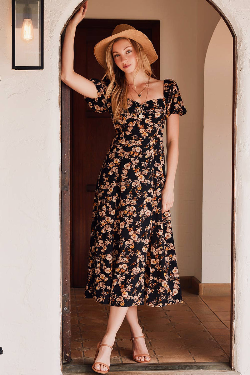Floral Print Sweetheart Neckline Midi Dress