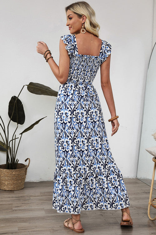Sky Blue Boho Print Smocked Maxi Dress