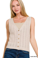 Crochet Knit Vest with Buttons in Sand and Cream