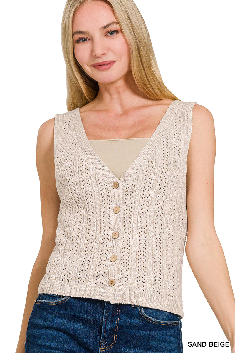 Crochet Knit Vest with Buttons in Sand and Cream