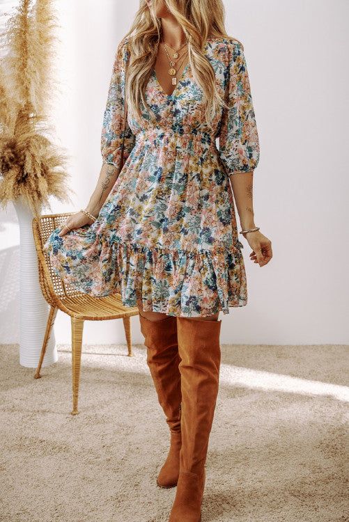 Sky Blue Floral Short Dress