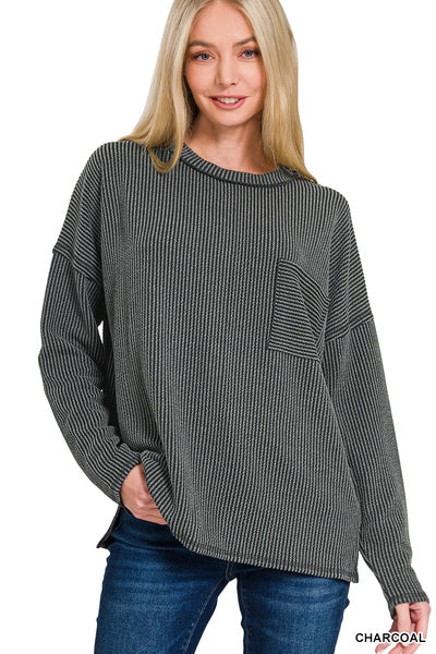 Corded Ribbed Top in Plum and Charcoal