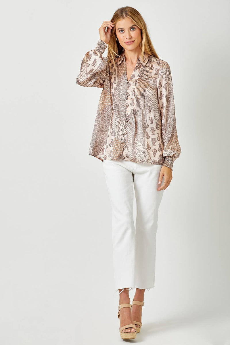 Sand Mix Pintuck Print Blouse