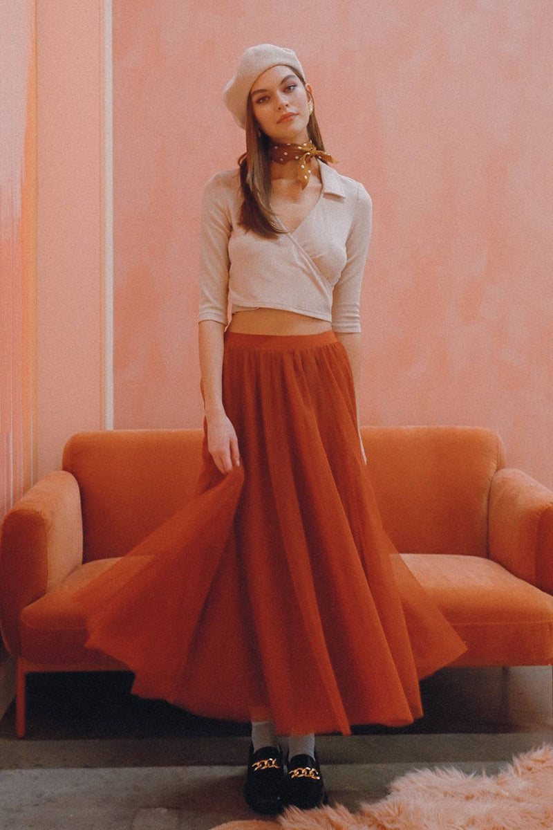 Rust Mesh Tulle Maxi Skirt