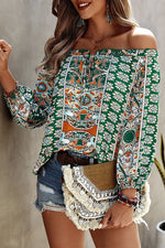 Off Shoulder Floral Blouse in Slate or Green